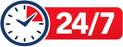 Icône horloge avec mention 24/7 indiquant un service de plomberie disponible jour et nuit