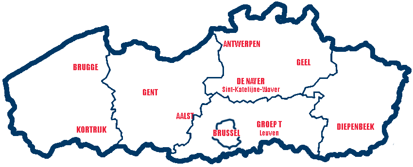 Kaart van Vlaanderen met steden waar onze ontstoppingsdienst actief is